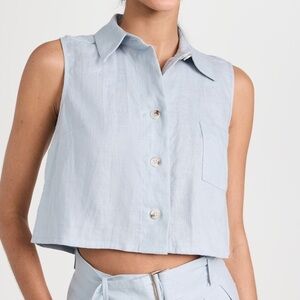 Hevron Katja Top 100% Linen Cropped Button Up Dusty Blue Breast Pocket Size S